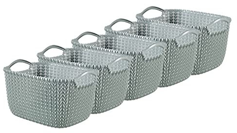 Curver Knit Effect Set of 5 Kitchen, Living room, Bathroom, Bedroom, Utility Small Rectangular Storage Baskets 8 Litres - Misty Blue