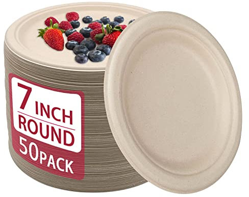 LISSO 50 PCS Paper Plates, 100% Biodegradable and Compostable, Environmentally Friendly Disposable Plates, Perfect for Party and Picnics (7 inch, 50 Pcs)