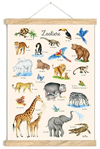 fioniony ZOOTIERE POSTER BEIGE 50 x 70 cm UNGERAHMT OHNE HOLZLEISTE Tierposter Lernposter Schulanfang 1. Klasse Kinderzimmer Weihnachtsdeko Baby Bilder Zoo Wald Safari Afrika Kindergarten