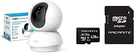 TP-Link Telecamera Wi-Fi Interno Tapo C210, Videocamera sorveglianza 3MP, Visione Notturna & ARCANITE, 128 GB microSDXC scheda di memoria con adattatore SD, A1