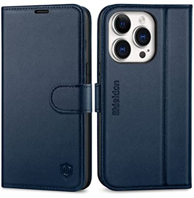 SHIELDON Folio Case for iPhone 14 Pro 5G 6.1, Genuine Leather Wallet Case with Viewing Stand, RFID Blocking, Card Slots, Magnetic Clasp, Shockproof Phone Case Compatible with iPhone 14 Pro- Navy Blue