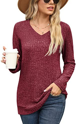 PrinStory Damen Langarmshirts V-Ausschnitt Sweatshirt Lässig Tunika Einfarbig Pullover EU Size 42-44 (Rot, L)