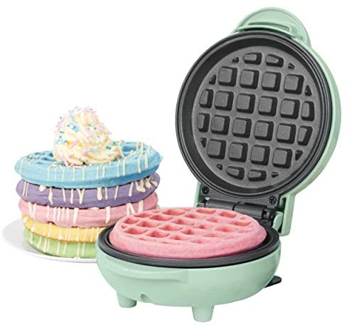 Petra Antihaft-Mini-Waffeleisen – klein, klassische süße herzhafte Waffel ca. 11,5 cm, 550W, Kompakte belgische Waffelmaschine, Kindergeburtstage, Familienfeiern, Grün Retro-Design