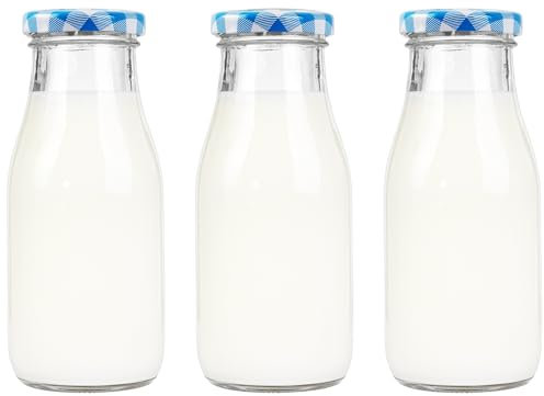 Danmu Art 250ml Glass Milk Bottle withLids Small Glass Jars for Decoration (Blue-Gingham)