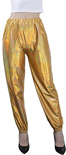 NewL Damen Metallic Glänzend Jogger Casual Holographische Farbe Streetwear Hose Hip Hop Mode Glatte Elastische Hose, Gold, M