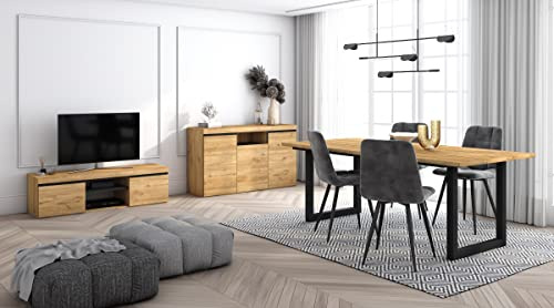 Skraut Home - Set di mobili per il soggiorno | Tavolo 200 piedi U 10 commensali | Mobile TV 140 | Madia/Credenza 140 | Rovere e Nero | Stile industriale