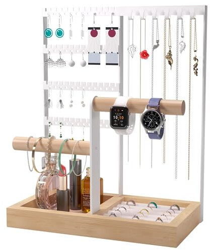 Benxdara Portagioie Porta Collane, 4 Livelli Espositore Gioielli da Appendere Con Portacollana & Porta Orecchini, Supporto Per Gioielli Con Vassoio Per Collane, Bracciali, Anelli, Orecchini, Bianco