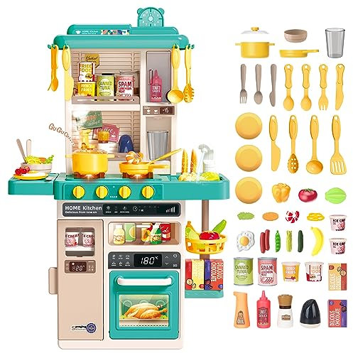 deAO Kitchen Playset Toy with Realistic Lights & Sounds, Kids Play Kitchen Set with Simulation of Spray Features, Pretend Role Play Toys with Lots of Kitchen Accessories Gift for Toddlers (Green)
