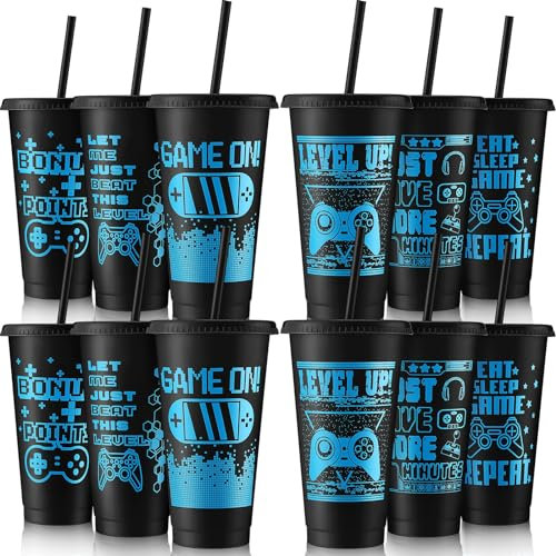 Mifoci Video Game Plastic Cups with Lids and Straws Reusable Tumbler with Lid and Straw Cute Iced Coffee Travel Cups Mug Water Bottle for Adult Kid Gaming Birthday Supplies(Black, Blue,12 Pcs)