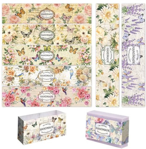 PH PandaHall 90PCS Vintage Pflanzenwickelband, 9 Stile Blumenseifenverpackungspapier Vertikales Seifenpapieranhänger für handgemachte Seife, Lotion Bars, Geschenkverpackung für Badeartikel, 21x5cm
