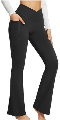 BSLVWG Bootcut Yoga Hose mit Taschen für Frauen Sporthose Hohe Taille Crossover Workout Bootleg Bauchkontrolle Arbeitshose (DE/NL/SE/PL, Bundweite, L, Große Größen, Regular, Schwarz)