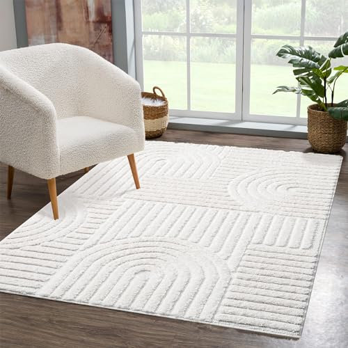 carpet city Teppich Wohnzimmer Hochflor Creme - 200x290 cm - Hochtief-Muster, 3D-Effekt Geometrisch - Bettvorleger Schlafzimmer Teppiche Boho, Skandi