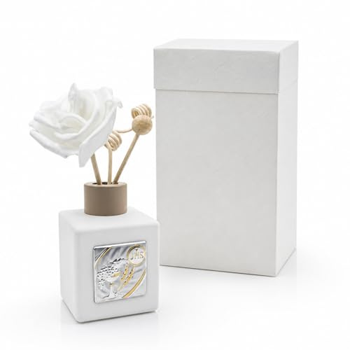 VIRSUS 10 Bomboniere per Comunione in Ceramica Cubo Profumatore, Misura 6x6x8,5 cm, Colore Bianco con Placca Silver, Bastoncini in Legno con Forme Diverse, Regalo per Invitati -799M