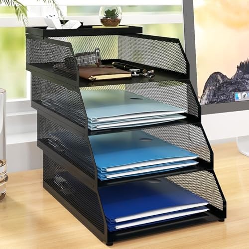 PUNCIA 4 Tiers Office Filing Trays for Desk Tidy Organiser Stackable Metal Mesh Paper Storage Letter Tray A4 Magazine File Holder Desk Tidy Document Notebooks Sorter Rack Home School Classroom Black