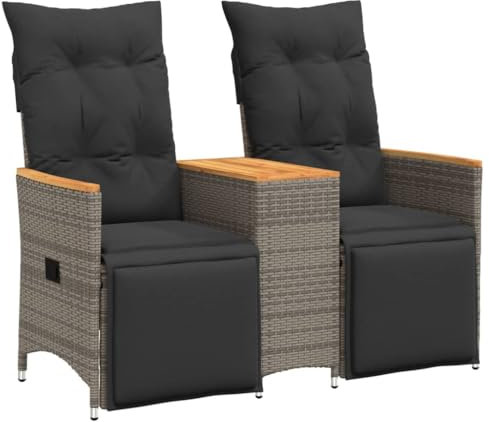 vidaXL Gartensofa, Sofa 2-Sitzer mit Tisch Verstellbare Rückenlehne Fußstütze, Lounge Sitzgruppe für Garten Terrasse, Gartenmöbel, Grau Poly Rattan