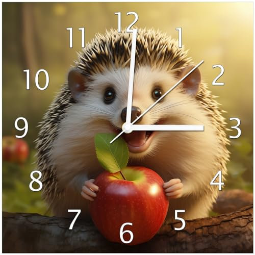 Wallario Design-Wanduhr Lächelnder Igel mit Apfel aus Glas, Motiv-Uhr Größe 30 x 30 cm, weiße Zeiger