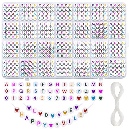 Liangding Perline Lettere 1100+ Pezzi, 7 X 4 mm, A-Z Alfabeto Con Cuori, Kit per Braccialetti dell'Amicizia, Collane