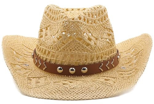 DAGLLGEW Chapeau de Cowboy Hat de Paille Douce Femmes Fine Mesh Sunable Sun Sun Hat avec Largeur Rond UV Western Cowboy Hat pour Femmes Hommes en Plein air Utilise Gift, Camel
