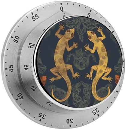 Timer, Gecko-Eidechsen-Druck, visueller Timer, mechanischer Küchentimer, Edelstahl, Countdown-Timer, 60-Minuten-Aufzieh-Timer