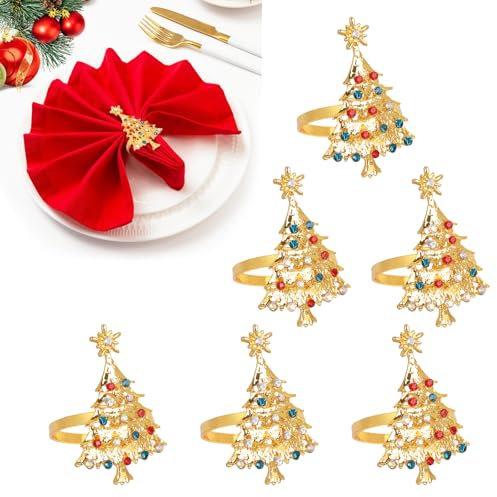 Figarge 6 Stück Serviettenringe Gold Serviettenring Weihnachten Weihnachtsbaum Serviettenringe Metall Serviettenschnalle Serviettenhalter für Weihnachten Dinnerpartys Abendessen Tischdekoration