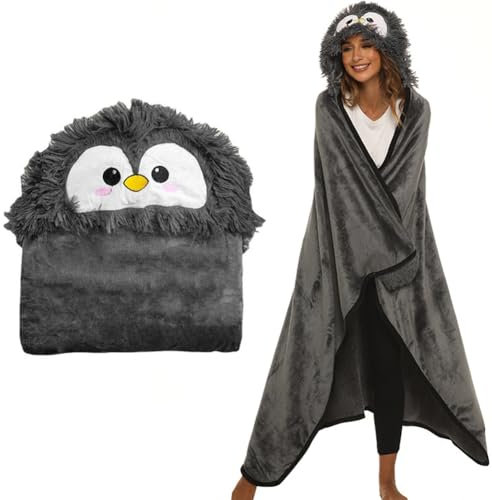 LOMUG Pinguin Geschenk für Frauen, Tragbare Decke Pinguin Geschenke Sofadecke Kuscheldecke Flauschig Cartoon Pinguin Kuscheldecke Tiermuster Wohndecke Geburtstagsgeschenk für Frauen Damen 152 x 125 cm