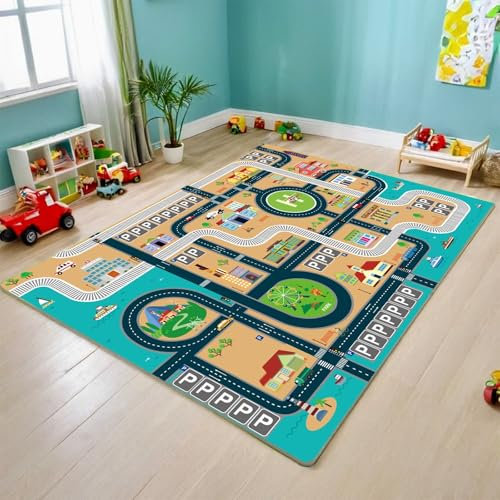 QUNKAKU Spielteppich Straße, Autoteppich für Spielzeugautos, Kurzflorig und Waschbar, Kinderteppich Straßenteppich Ideal für Das Kinderzimmer von Jungen und Mädchen(80×120cm)