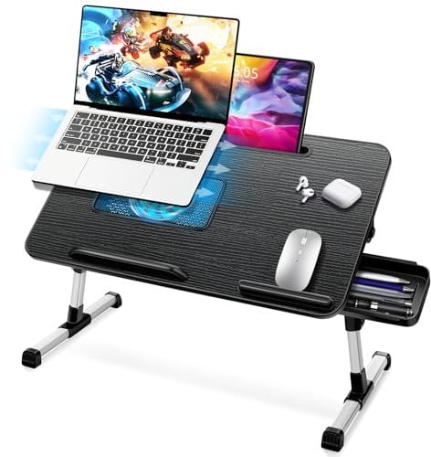 ICARE Table de Lit, Support Ordinateur Portable Lit, avec Refroidisseur PC Portable, Support pour Tablette,Tiroir, Réglable en Hauteur et Angle (53 x 30 cm, Noir)