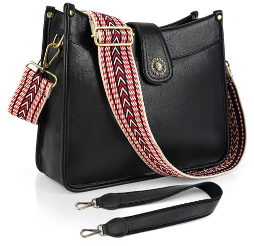 VIMUTI Handtasche Damen Mittelgroß Umhängetasche schwarz Crossbody Bag mit Breiter Gurt Schultertasche Hobo Bag veganem Leder Tasche 2 Schulterriemen Kartenschlitz Reisetasche