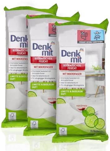 Denk - mit Feuchte Bodentücher Limette & Basilikum, 45 Stück (3er Pack) + Purlife Sticker