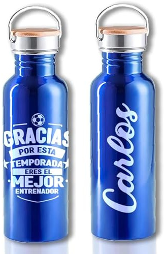 ENTRENADORES (TEDEDIKO Botella PERSONALIZADA de Agua Entrenador de Fútbol – Regalo Fin de Temporada con Frase Motivadora – Acero Inoxidable Grabado Láser – Agradecimiento Deportivo - AZUL)