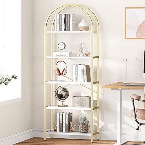 OPULENTHOME Bibliothèque en Bois -Dore- Étagère sur Pied en métal - 5 Niveaux - en Forme d'arc 180 x 60 x 28 cm pour Chambre à Coucher, Salon, Bureau à Domicile, Blanc/doré