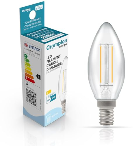 Crompton Lamps Filament Candle LED Light Bulb SES-E14 | 2.2W = 25W Equivalent | Warm White 2700K | Energy Efficient | Small Screw Lightbulb | Long Life 15000-Hrs | Clear Glass | Dimmable