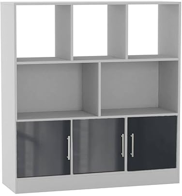 URBNLIVING White 8 Cube Asymmetrical Storage Cabinet – Freestanding Display Bookcase with 3 Doors for Home & Office - Gloss Doors - Grey