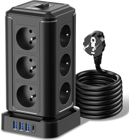 TOPREK Tour Multiprise avec 12 Prises AC Française et 4 USB, 2 Mètres Câble | USB C(20W PD3.0) et 3 USB A, Rallonge Electrique et Interrupteur, 3680W/16A, Multiprise Parafoudre pour Bureau et Maison,Noir