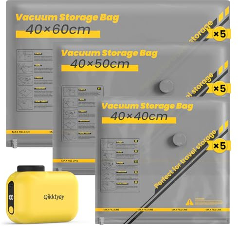 Vakuumbeutel für Kleidung mit Kabellose Vakuumpumpe – 15er Set Vakuumbeutel Reise (40×40/40×50/40×60 cm), ideal für Reise & Aufbewahrung – Vacuum Bags for Clothing Travel & Storage