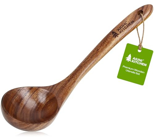 AIUHI Wooden Ladle for Cooking,Teak Wood Soup Ladle, Long Handle Deep Scooper Wooden Serving Spoon – Non-stick & No Scratch