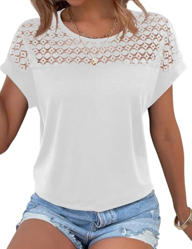 Zeagoo Womens Summer Tops Lace Short Sleeve White T Shirts Crew Neck Cute Fashion Dressy Tunic Blouses for UK XL