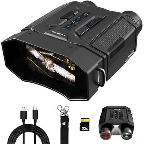 Frelisty Nachtsichtgerät mit 8X Digitalzoom, 7 IR-Stufen, 4000 mAh, Karte 32 GB, Fernglas mit Nachtsicht mit 3 Display, Kompatibel mit Stativ, Elektronische Geschenke für Väter & Männer(Schwarz)