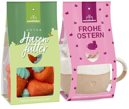 2er Ostergeschenkset Tasse Herz mit Marshmallows in Hasenform & Marshmallows Hasenfutter | Süßes Ostergeschenk für Kinder & Erwachsene | Perfekt für Osterkorb & Frühling