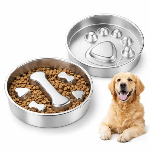 2er Set Antischlingnapf Hunde Edelstahl 304, Hundenapf Anti Schling, 2-in-1 Futternapf Hund beidseitig nutzbar, Slow Feeder Dog Bowl & Snacknapf, spülmaschinenfest, Anti Schling Napf Hund Groß Ø22 cm