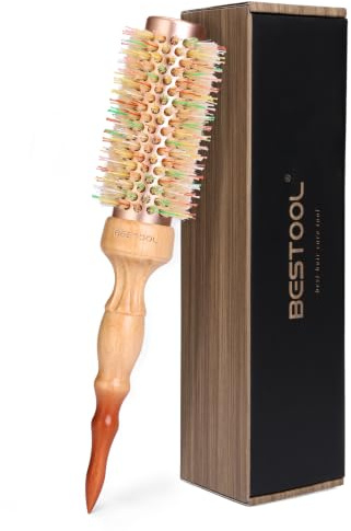 BESTOOL Round Brush for Blow-Drying, Boar Bristles with Colorful Nylon Pins | Professional Round Hair Brush for Medium-Long Hair Styling, Straightening, Curling, Rose Gold Alu-Barrel (32mm)