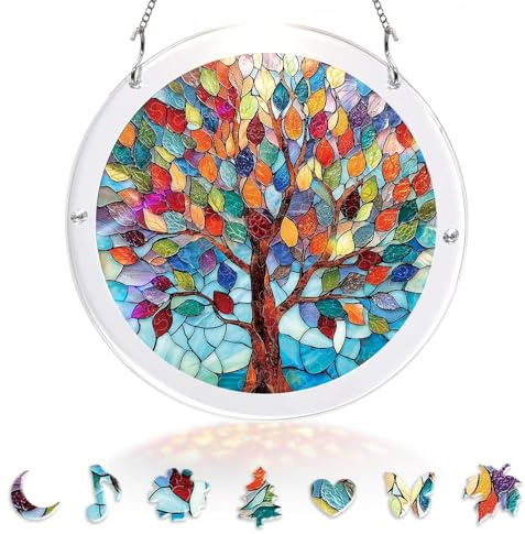 Acrylic Puzzle Suncatcher 83 Pieces, Tree of Life DIY Sun Catcher Window Hanging Decor, Acrylic Puzzle Ornament Decoration for Home Garden & Gift Giving