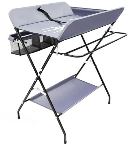 Table à Langer Pliante, Table à Langer Bébé avec Rangement, Modèle Nomade | Compact Pliable pour Voyage, Hauteur Adaptée Anti-Douleur, Structure Acier 25kg avec Sécurité Bébé