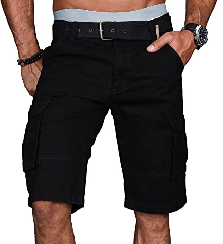 A.Salvarini Stylische Herren Cargo Short inkl. Gürtel Sommer Bermuda Kurze Hose Army Shorts AS-037 [AS-037-Schwarz-W33]