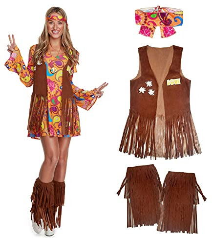 Morph Hippie Kostüm Damen, 70er Jahre Outfit Damen, 70er Jahre Bekleidung, Hippie Kleid, Halloween Kostüm Frauen, Karneval Kostum Frauen, Fasching, S
