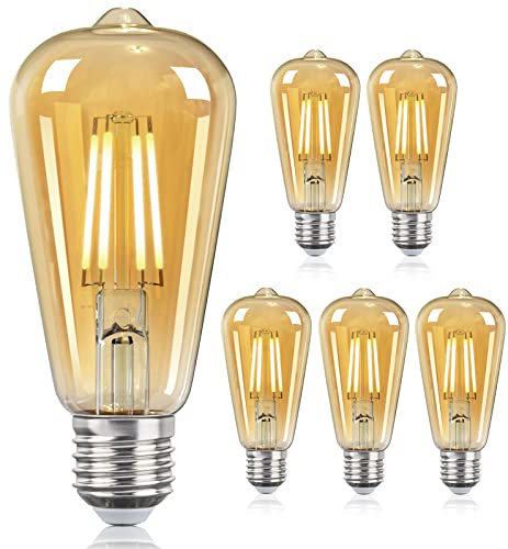 DGO E27 LED Bulb, Dimmable Energy Saving Vintage Light Bulbs, ST64 Screw Edison Light Bulbs 9W (Equivalent to 100W), Warm White, Amber Glass, 6 Pack