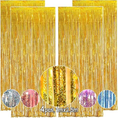 OEMG 4pcs 3.3x8.2ft Tinsel Curtains Gold Tinsel Foil Fringe Curtains Streamers Backdrop for Birthday Graduation Wedding Engagement Bridal Shower Bachelorette Halloween Christmas Party Decorations
