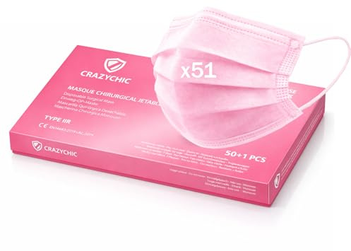 CRAZYCHIC - 51x Medizinische OP Masken Rosa - CE Zertifiziert EN14683 Typ IIR Chirurgische Maske - Hohe Filtration BFE>99% Geprüft - 3-lagige Einweg Schutzmaske - Mundschutz Gesichtsmaske