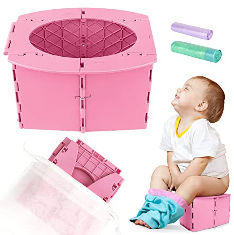 Toilettensitz Kinder, Töpfchen für Unterwegs, Reisetöpfchen, Faltbares Töpfchen Kinder, Töpfchen Unterwegs Potty Training Seat Baby, Anti-Rutsch kindertoilette Für Kinder 12-36 Monate (Pink)