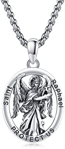 XIXLES Saint Raphael Halskette 925 Sterling Silber St.Raphael Erzengel Kette Herren Damen Oval Amulett Anhänger Silber Christliche für Damen Herren Schutzengel-Halskette
